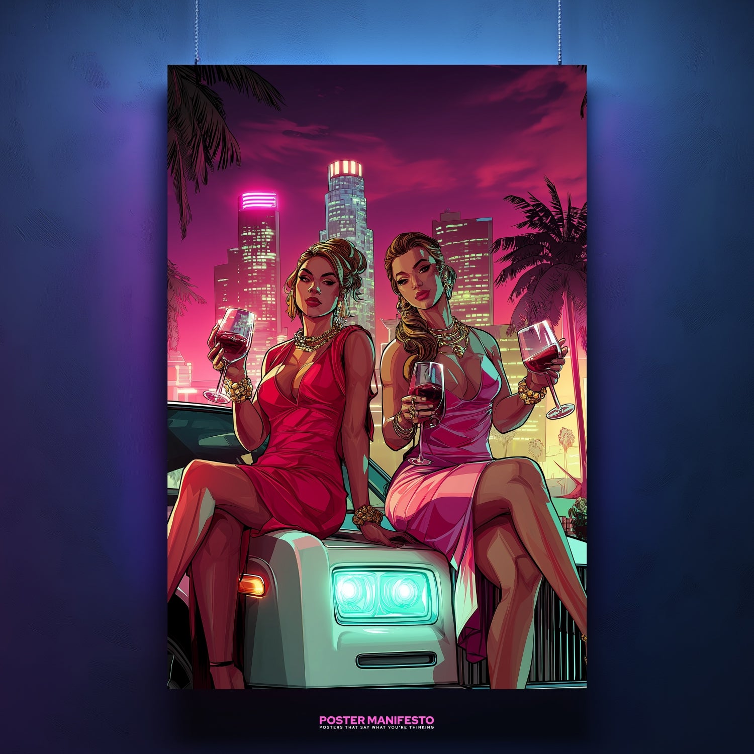 Neon artwork of stylish women celebrating nightlife with wine and luxury vibes.