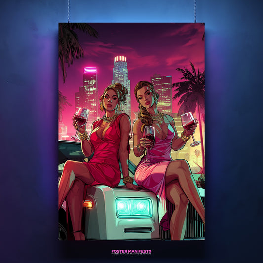 Neon artwork of stylish women celebrating nightlife with wine and luxury vibes.