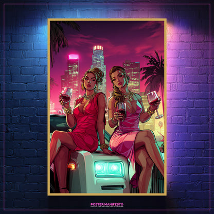 Luxury nightlife poster with elegant women, wine celebration, and glowing city background.