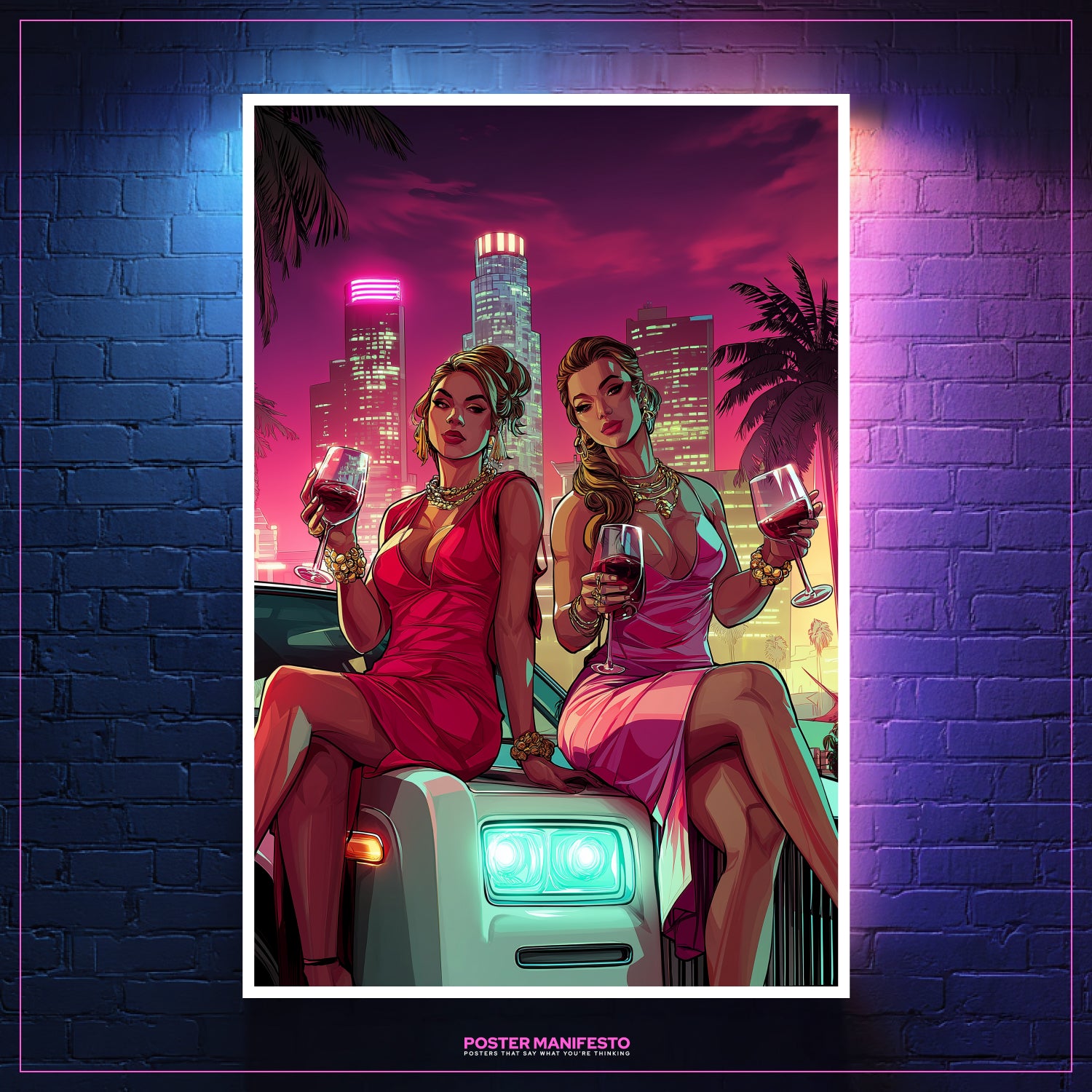 Wine Queens wall art featuring two women in red and pink dresses against city skyline.