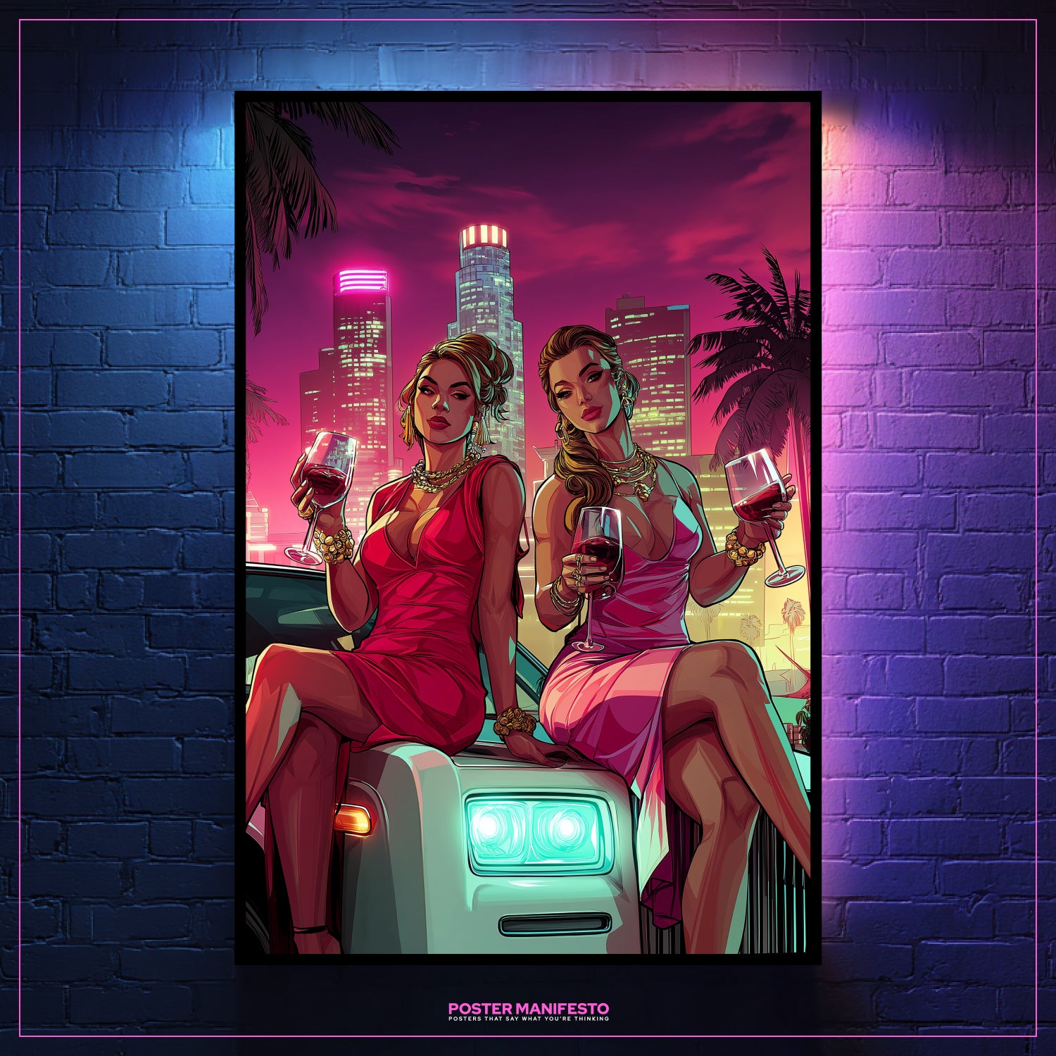 Poster of two glamorous women in elegant dresses holding wine glasses by a luxury car with neon city lights.