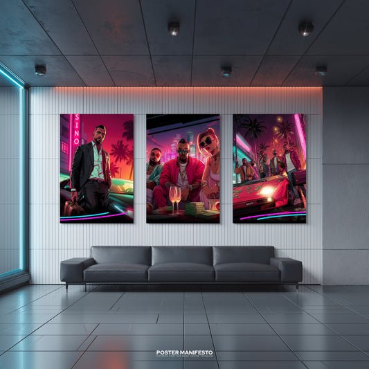Triptych poster set showing three neon gangster city scenes with luxury cars, cash, and bold characters.