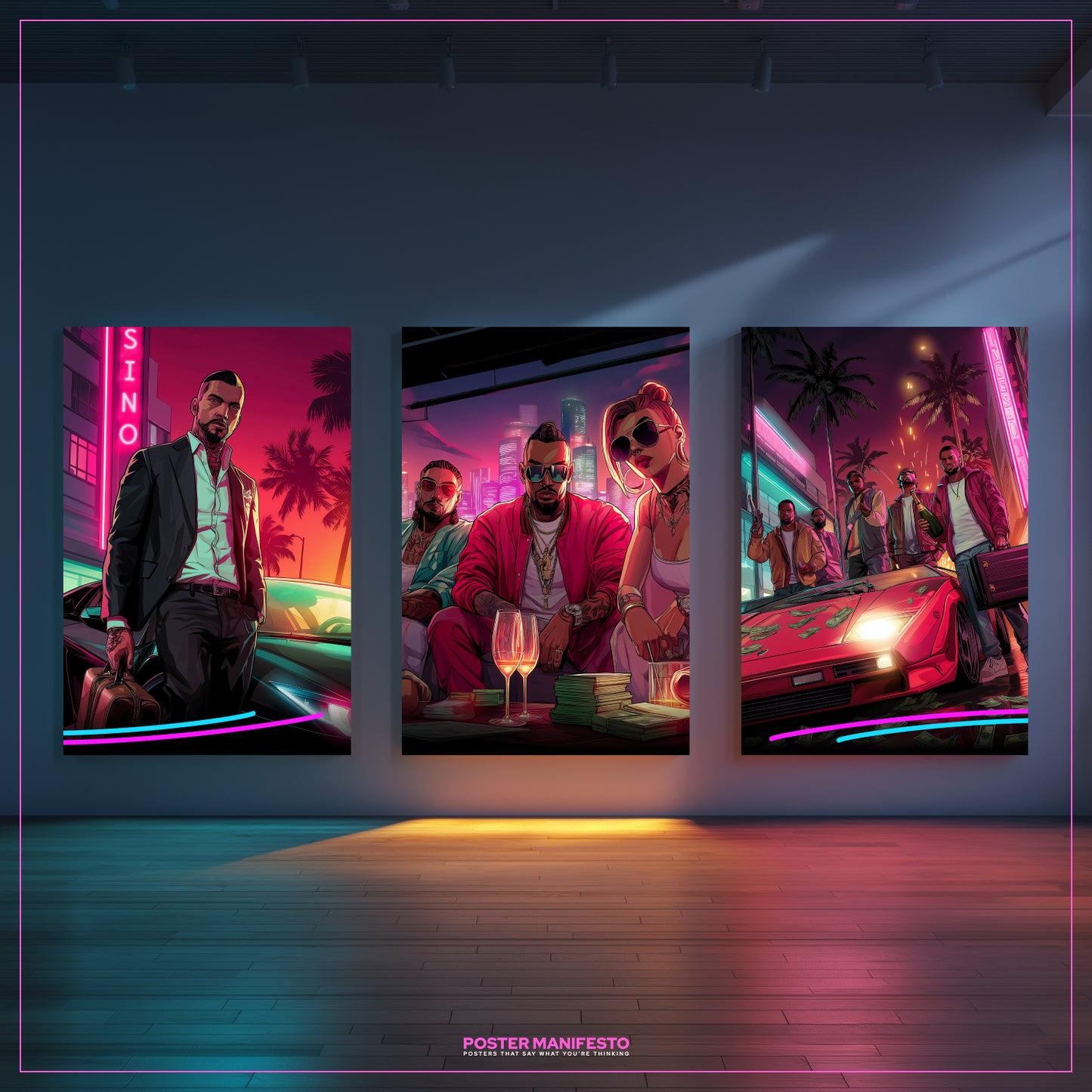 Neon triptych artwork featuring urban hustlers, glowing signs, and a crime-inspired retro city vibe.
