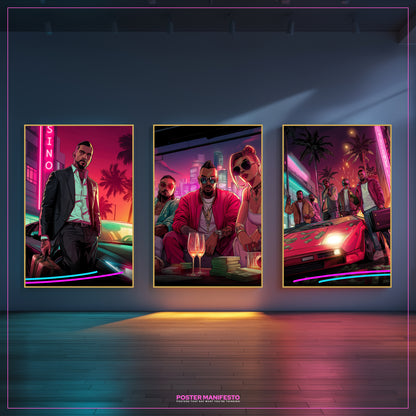Deal Gone Right wall art set with three posters showing gangsters, money, and neon city nightlife.
