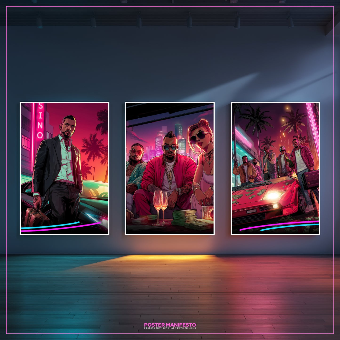 Three-panel neon artwork of ambition, hustle culture, and gangster style in a bold city setting.