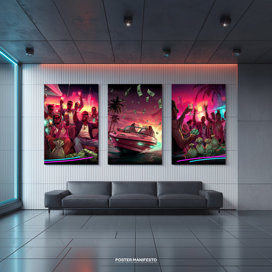 Triptych poster titled Empire on the Water showing a luxury Miami yacht party scene, with neon city lights, champagne toasts, and stacks of money, creating a bold urban luxury vibe.
