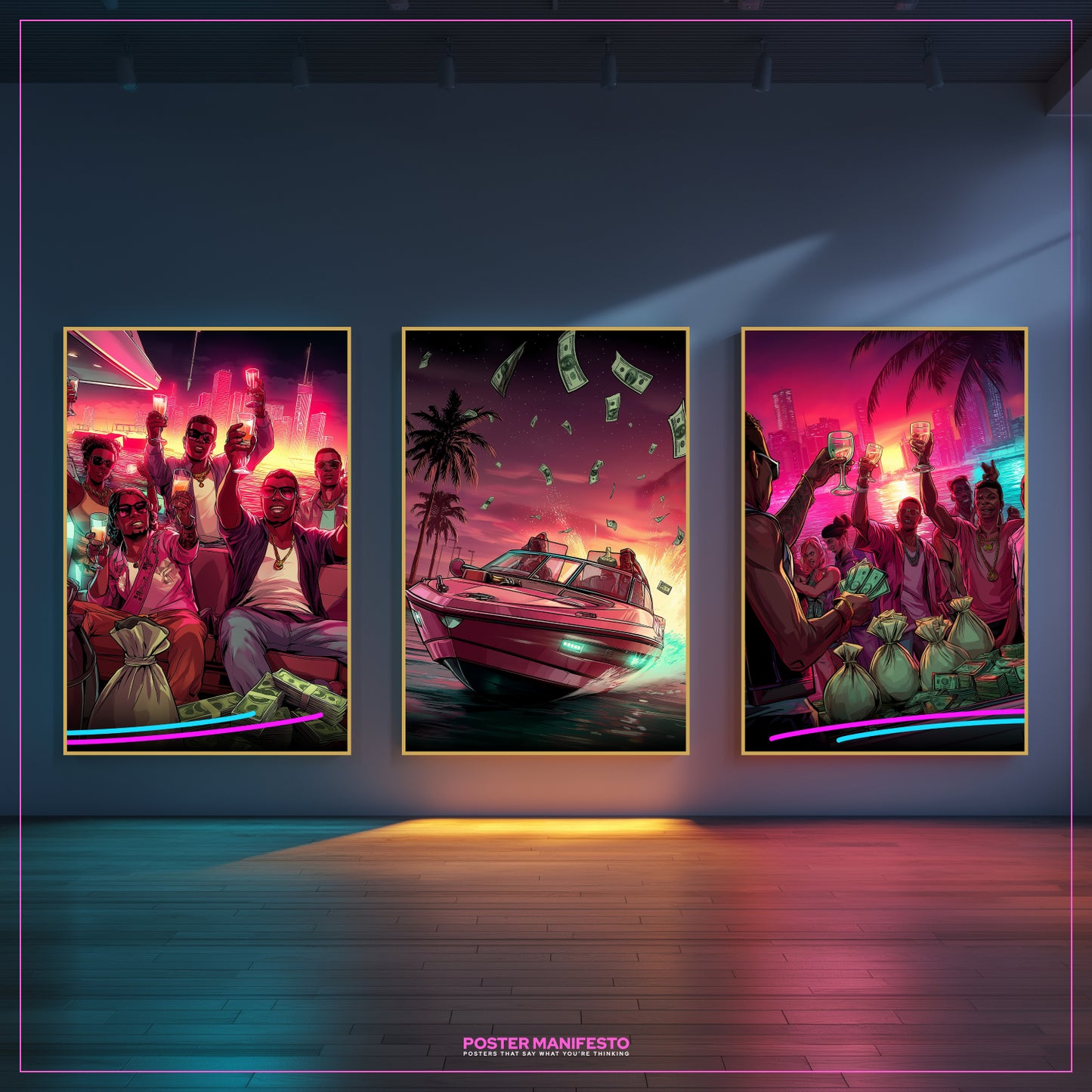Luxury Miami-inspired triptych artwork with three posters showing a champagne party, high-end yacht, and city nightlife, perfect for modern interiors and bold lifestyle décor.