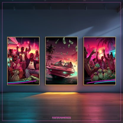 Luxury Miami-inspired triptych artwork with three posters showing a champagne party, high-end yacht, and city nightlife, perfect for modern interiors and bold lifestyle décor.