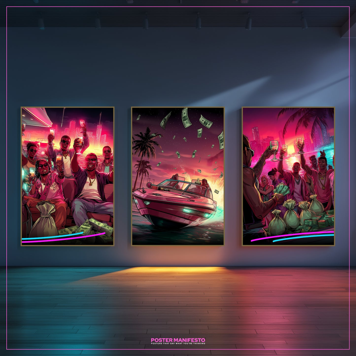 Empire on the Water three-panel poster set featuring modern gangsta-inspired neon yacht party scenes, combining celebration, wealth, and ambition in striking wall décor.