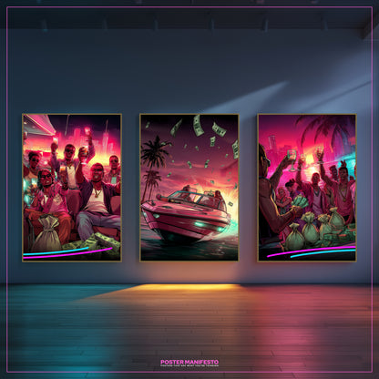 Empire on the Water three-panel poster set featuring modern gangsta-inspired neon yacht party scenes, combining celebration, wealth, and ambition in striking wall décor.