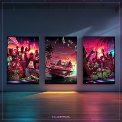 Three colorful posters on a wall with a car and people in a vibrant setting, featuring the brand 'Poster Manifesto'.