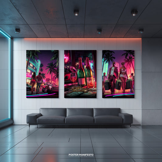 A neon city triptych wall art set titled High Stakes Night, showing luxury cars, powerful figures, champagne, and briefcases full of money under palm trees and glowing skyscrapers.