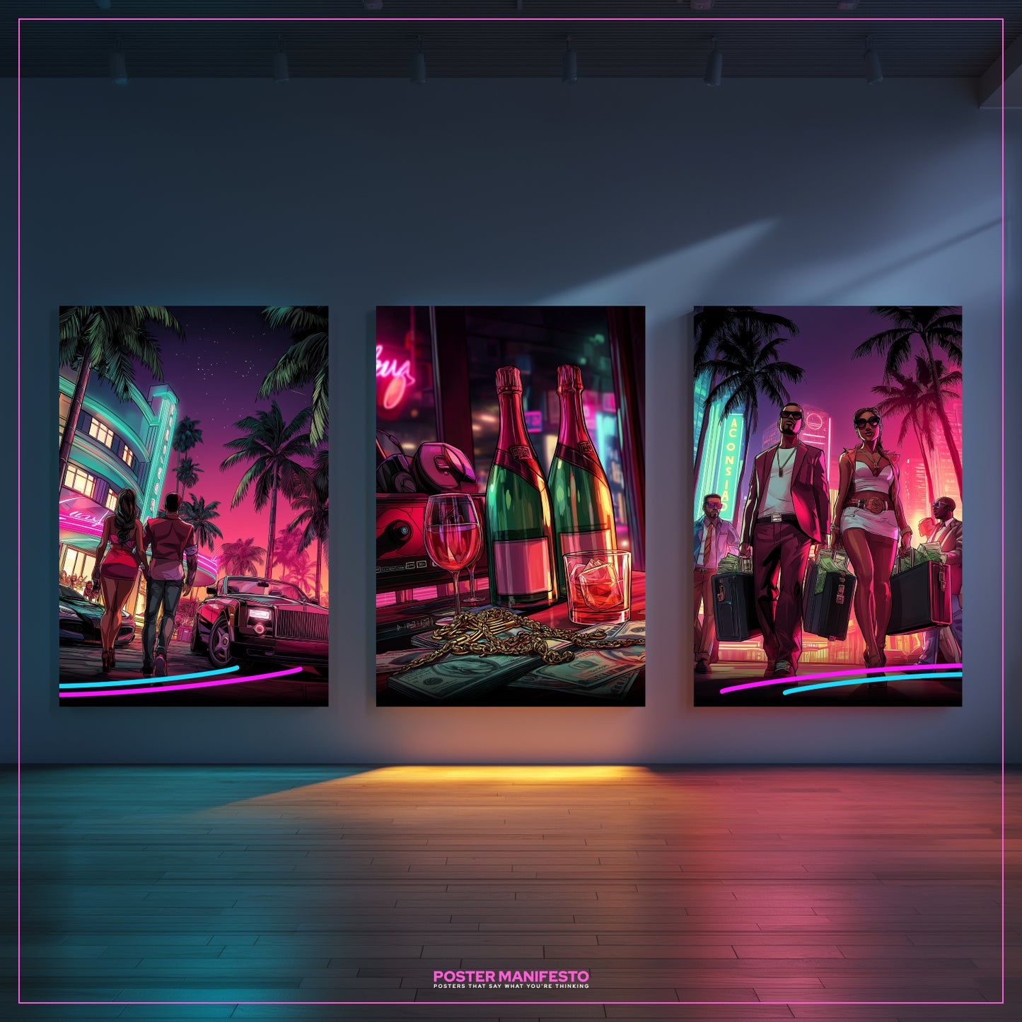 Triptych wall art called High Stakes Night, featuring cinematic nightlife scenes of ambition, luxury, and wealth in neon tones of pink, purple, and turquoise with palm silhouettes.