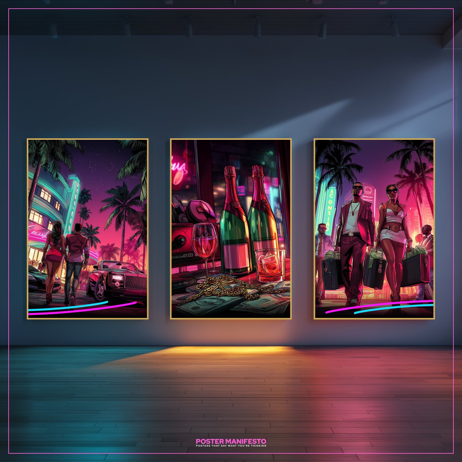 High-end triptych artwork High Stakes Night, capturing three bold panels of city nightlife, champagne bottles, money, and confident figures in a luxury urban setting.