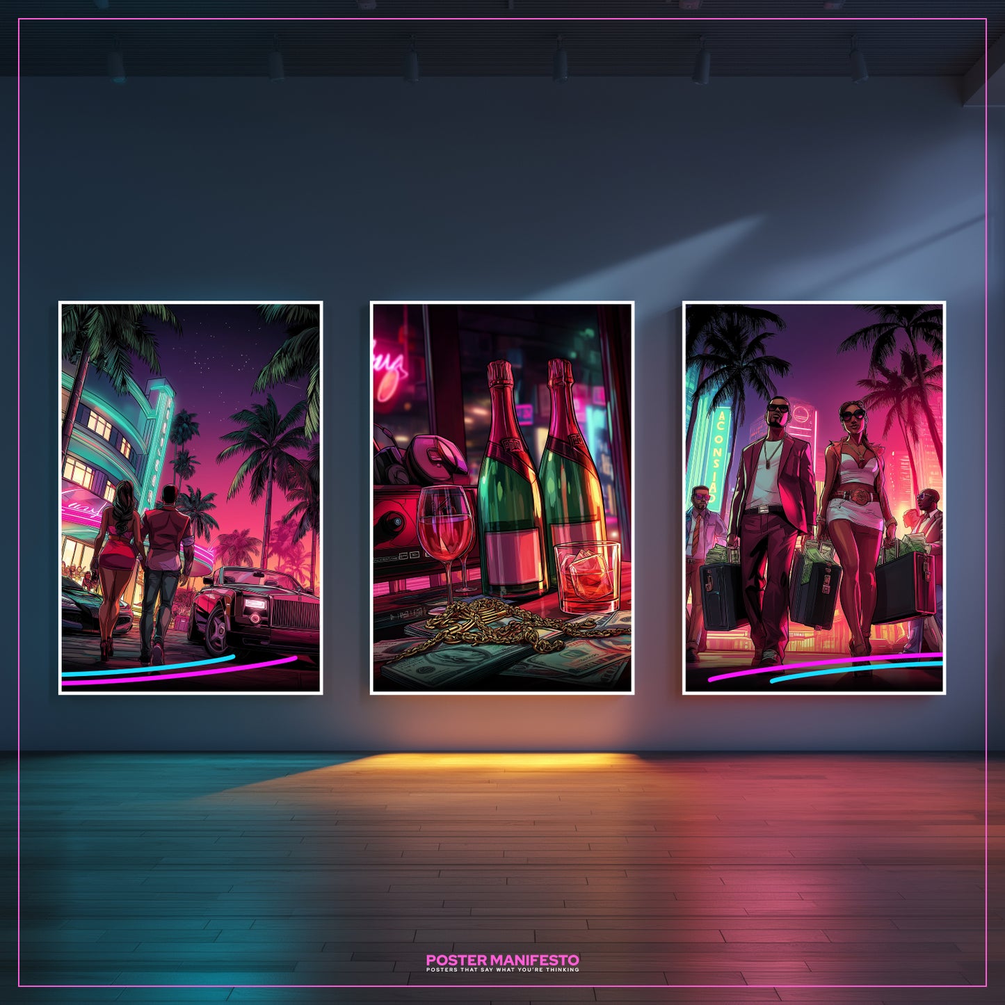 High Stakes Night triptych poster set, designed in vibrant neon colors, showing scenes of wealth, risk, and high-roller lifestyle with palm trees and nightlife atmosphere.