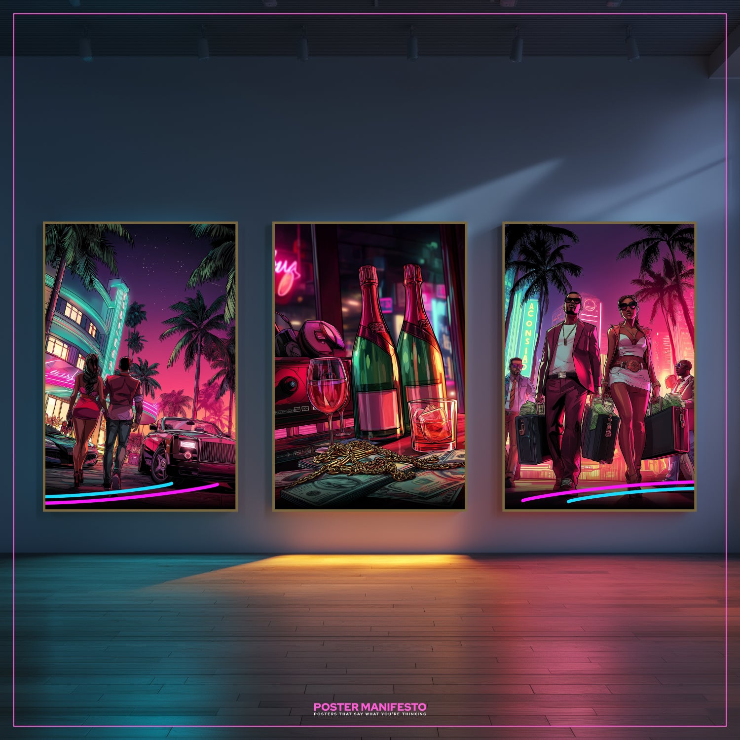 Luxury triptych wall decor High Stakes Night, with bold neon city illustrations of ambition, champagne, and wealth, perfect for modern interiors with cinematic flair.