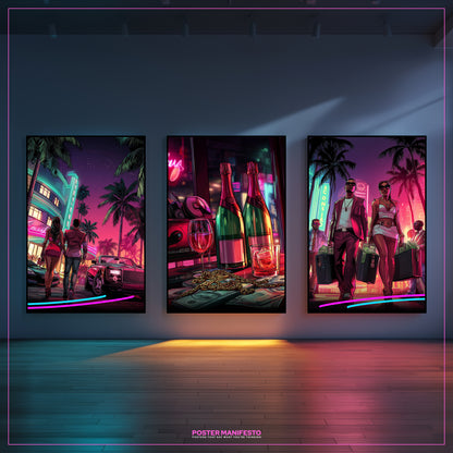 Three colorful posters on a wall with a neon theme, featuring people, bottles, and cityscape.