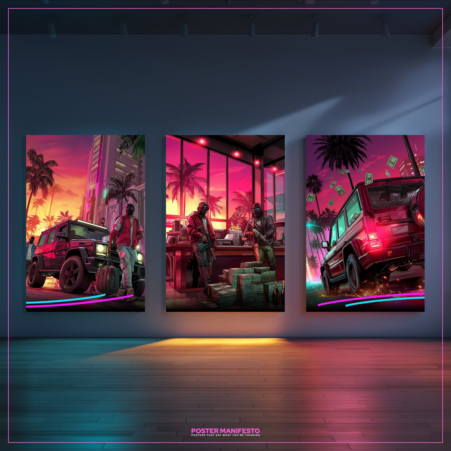 Crime-inspired wall art featuring a bank heist scene with masked figures and towering stacks of money under glowing neon pink light.