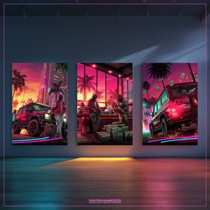 Crime-inspired wall art featuring a bank heist scene with masked figures and towering stacks of money under glowing neon pink light.