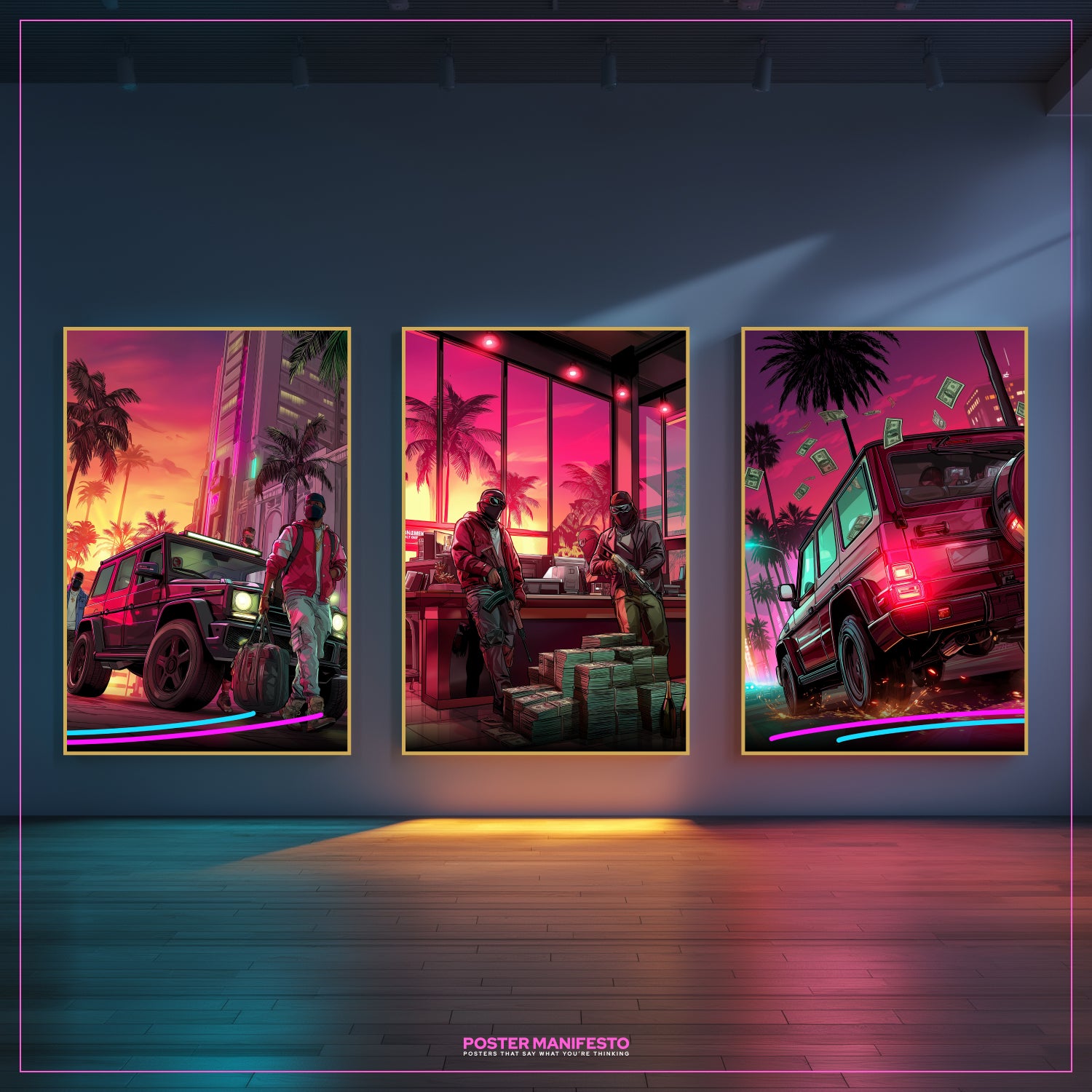Dynamic poster of a neon getaway SUV speeding through palm-lined streets with money flying in the air, cinematic retro tones.