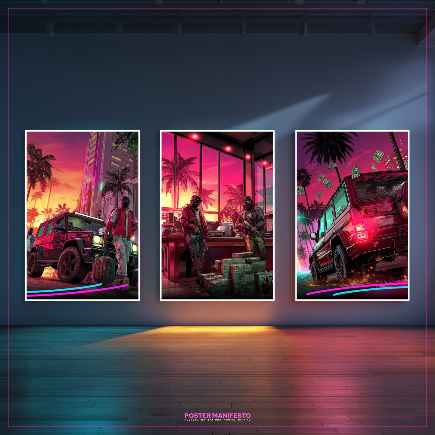 Triptych poster set combining crime, heist, and urban nightlife scenes, designed as bold neon-styled luxury interior wall decor.