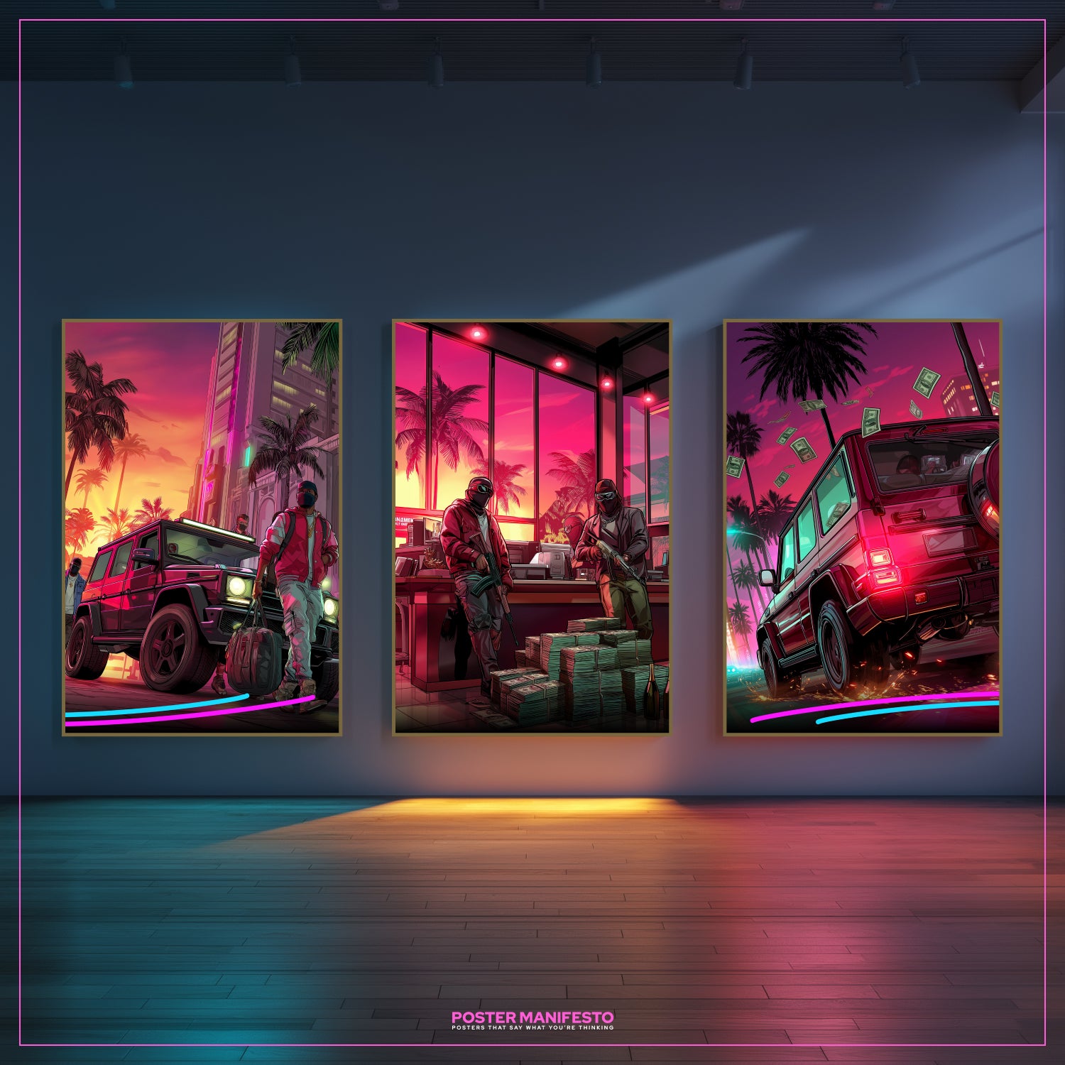 Stylish gangster-inspired wall art set in a retro Miami vibe, showing getaway cars, heist action, and stacks of money.