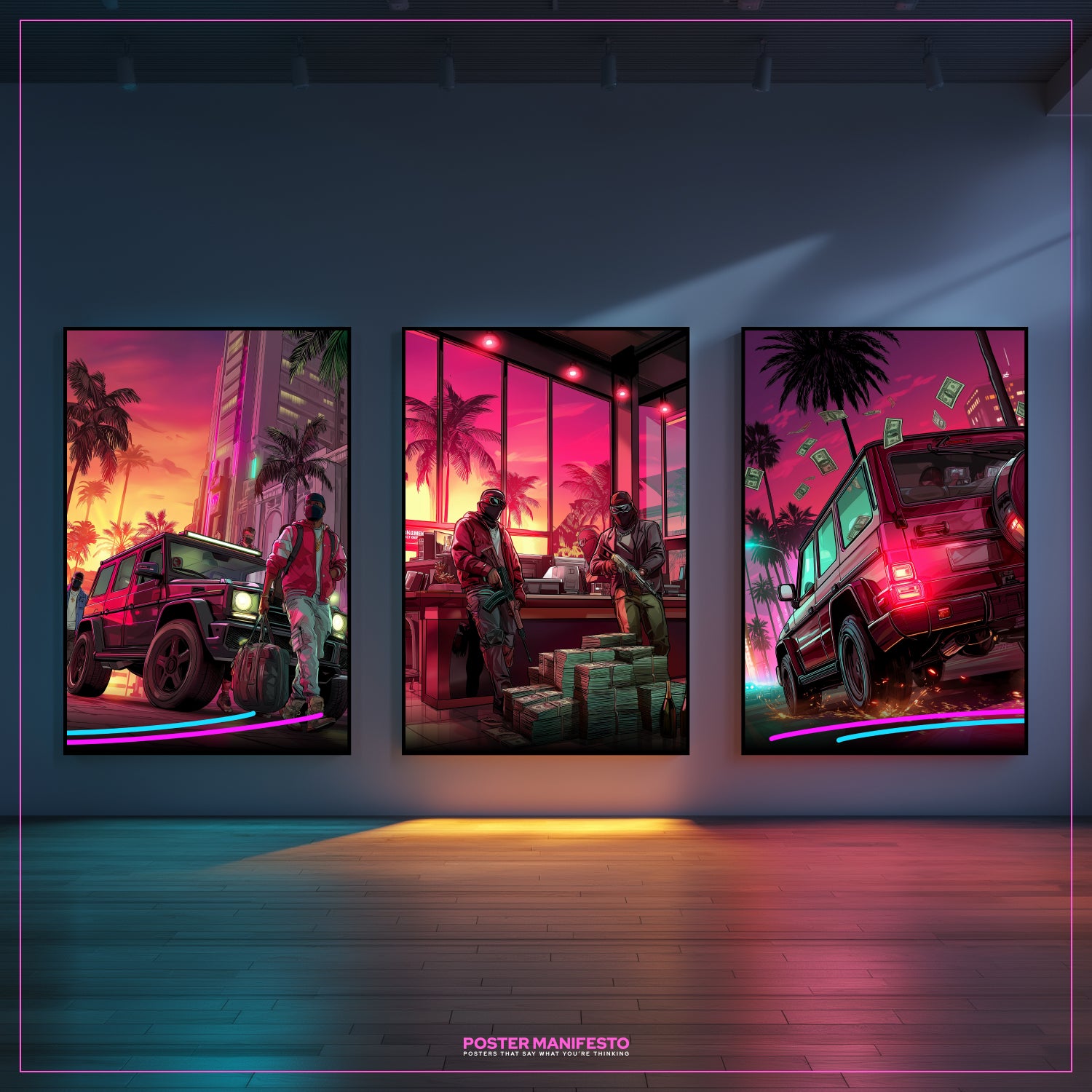 Three framed posters of a vibrant city scene with cars and people, featuring the brand 'Poster Manifesto'.