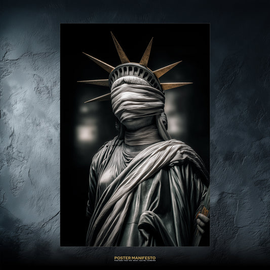 Poster of the Statue of Liberty reimagined with eyes covered in dramatic cinematic detail.