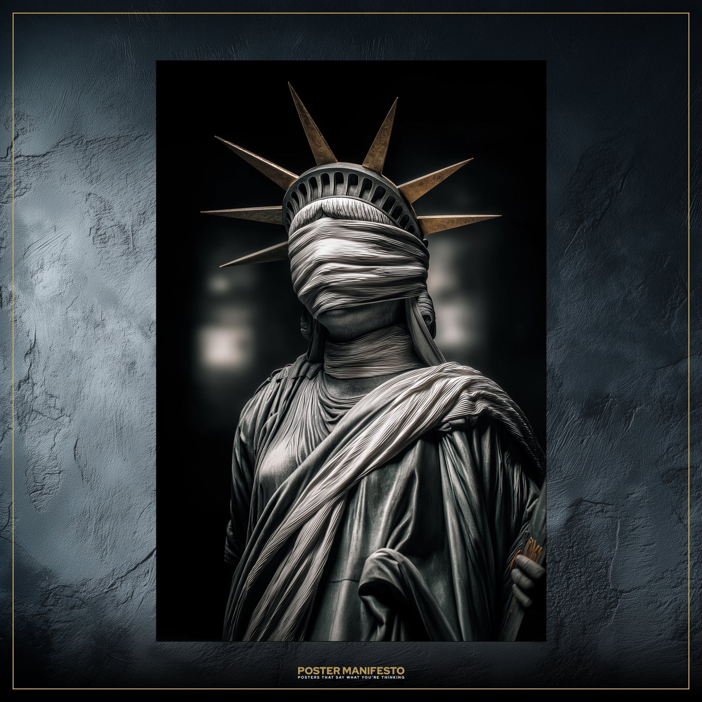 Dark symbolic artwork showing the Statue of Liberty with her face wrapped in cloth.