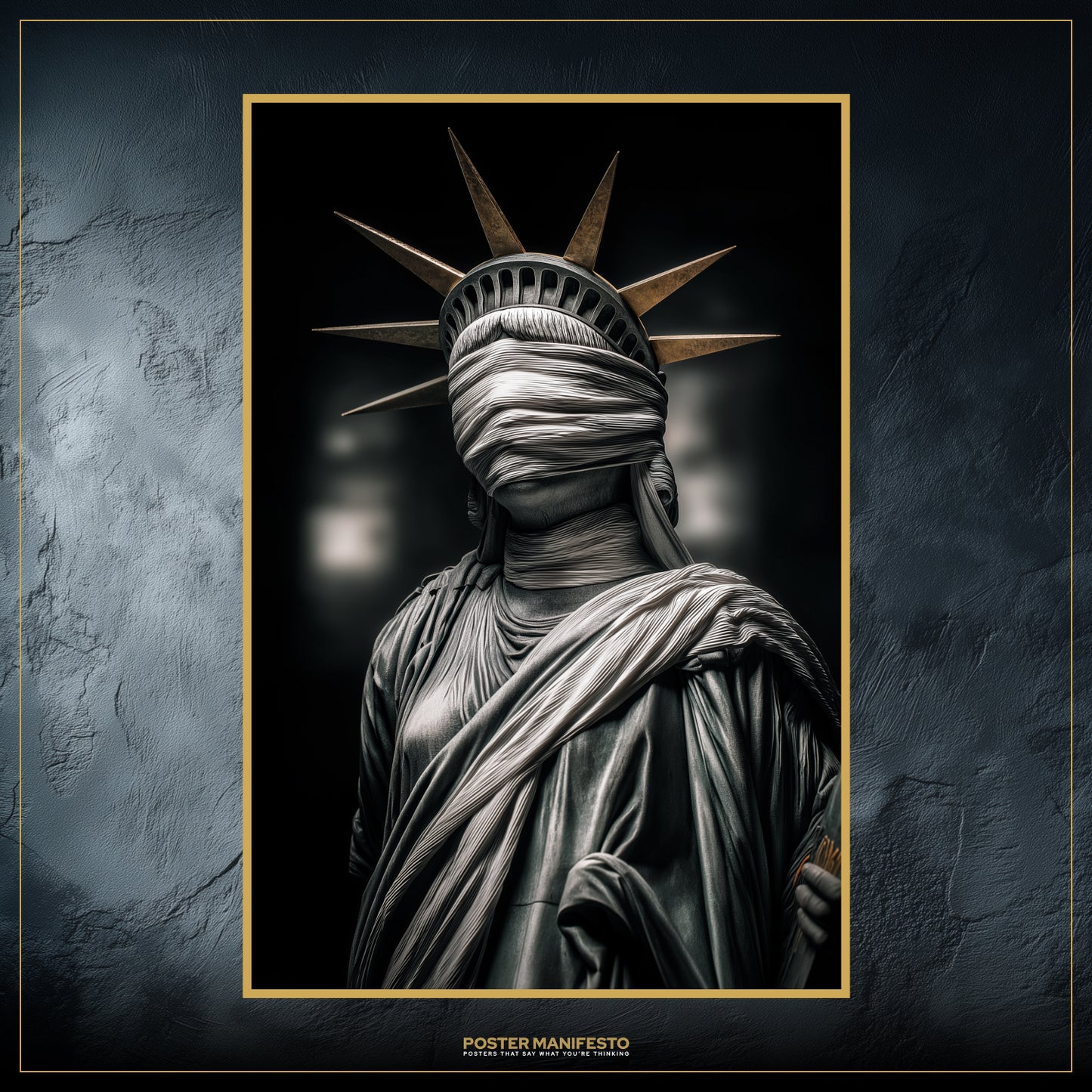 Cinematic wall art depicting Liberty blindfolded, symbolizing justice and silence.