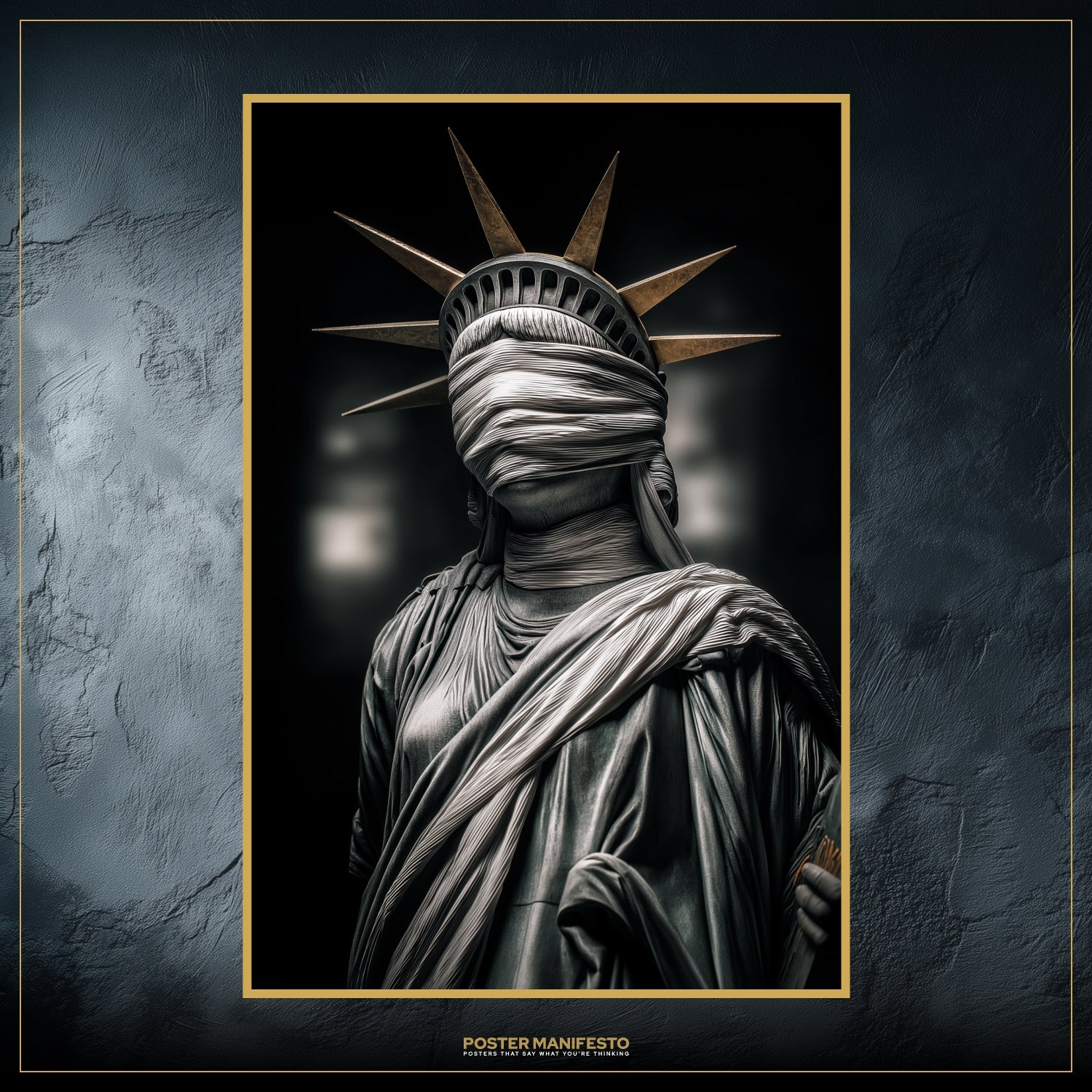 Cinematic wall art depicting Liberty blindfolded, symbolizing justice and silence.