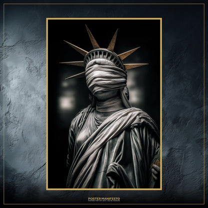Cinematic wall art depicting Liberty blindfolded, symbolizing justice and silence.