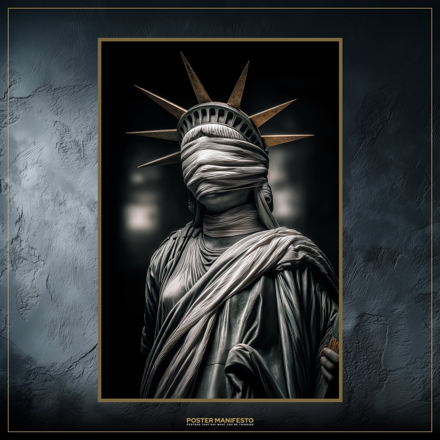 Modern décor artwork featuring blind Liberty as a metaphor for freedom and truth.