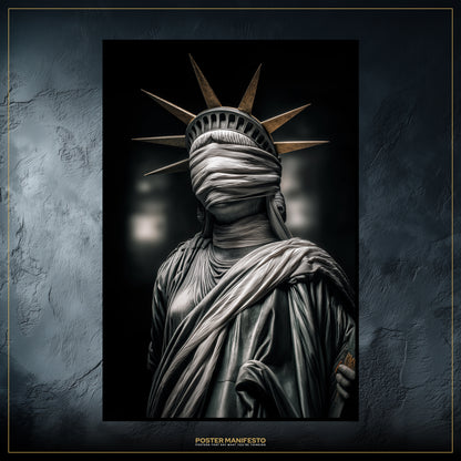 Statue of Liberty with a blindfold against a dark background, featuring the 'Poster Manifesto' brand.