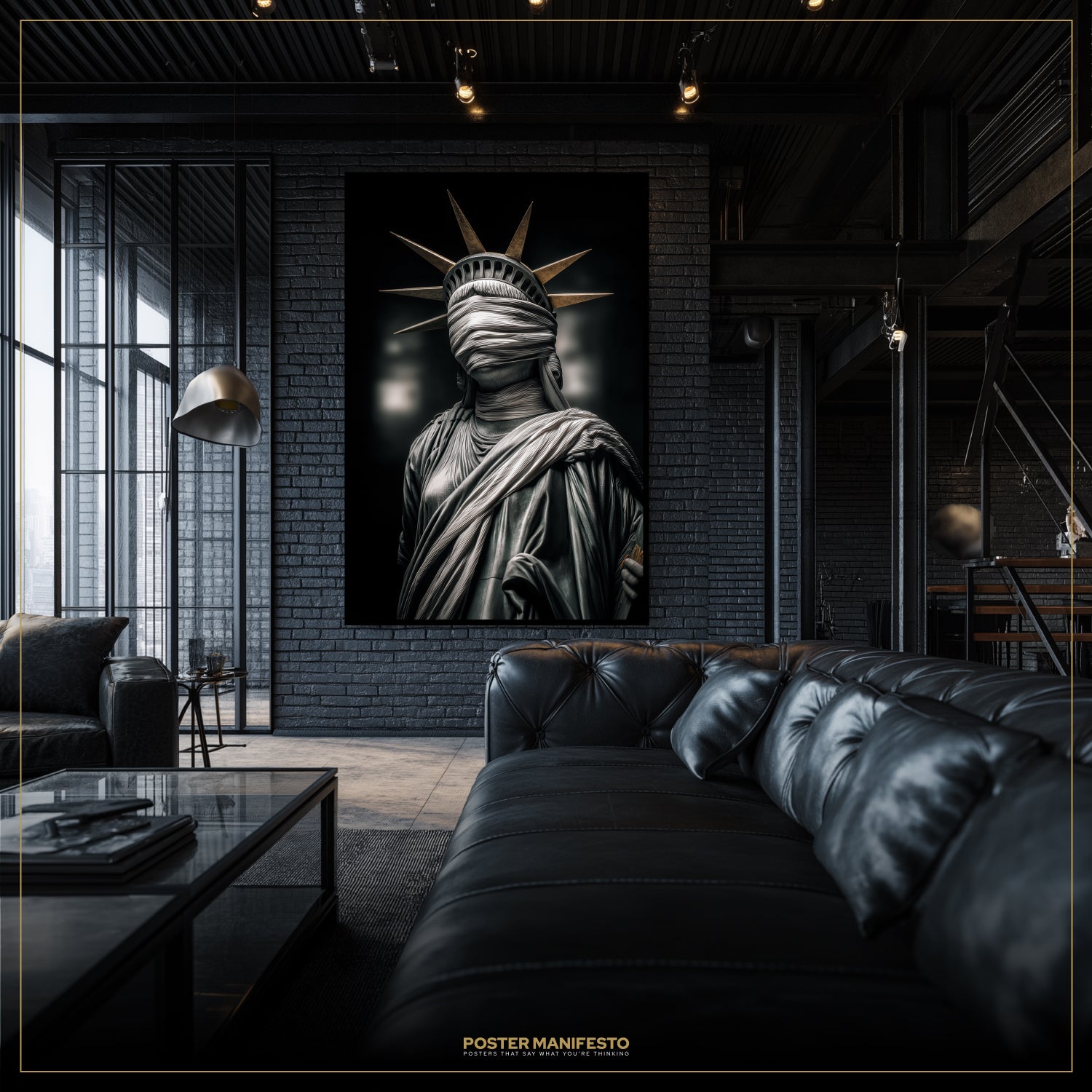 Modern living room with a black leather sofa and a large framed artwork of the Statue of Liberty on a brick wall.