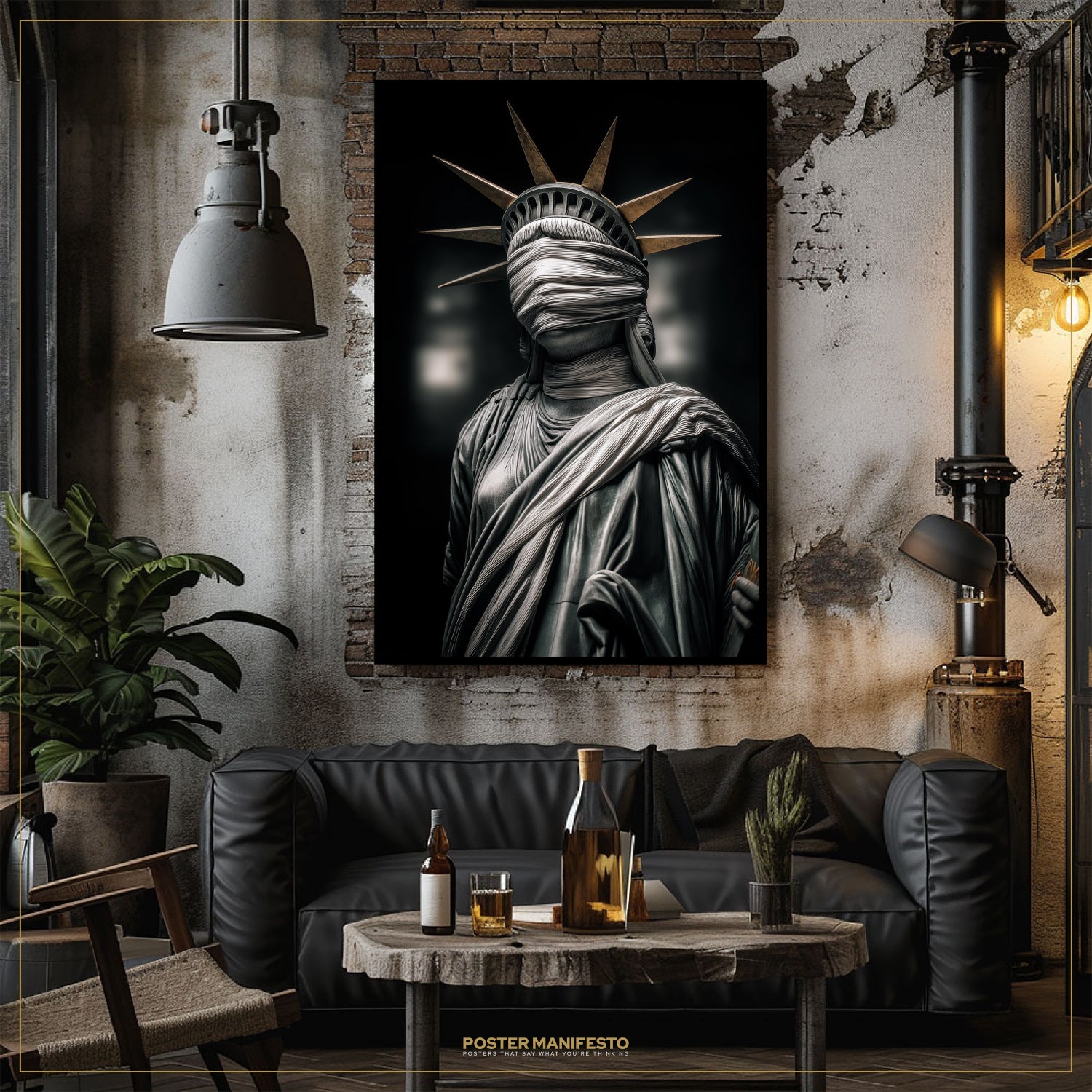 Living room with a black sofa, round wooden table, and framed artwork of a blindfolded statue of liberty.