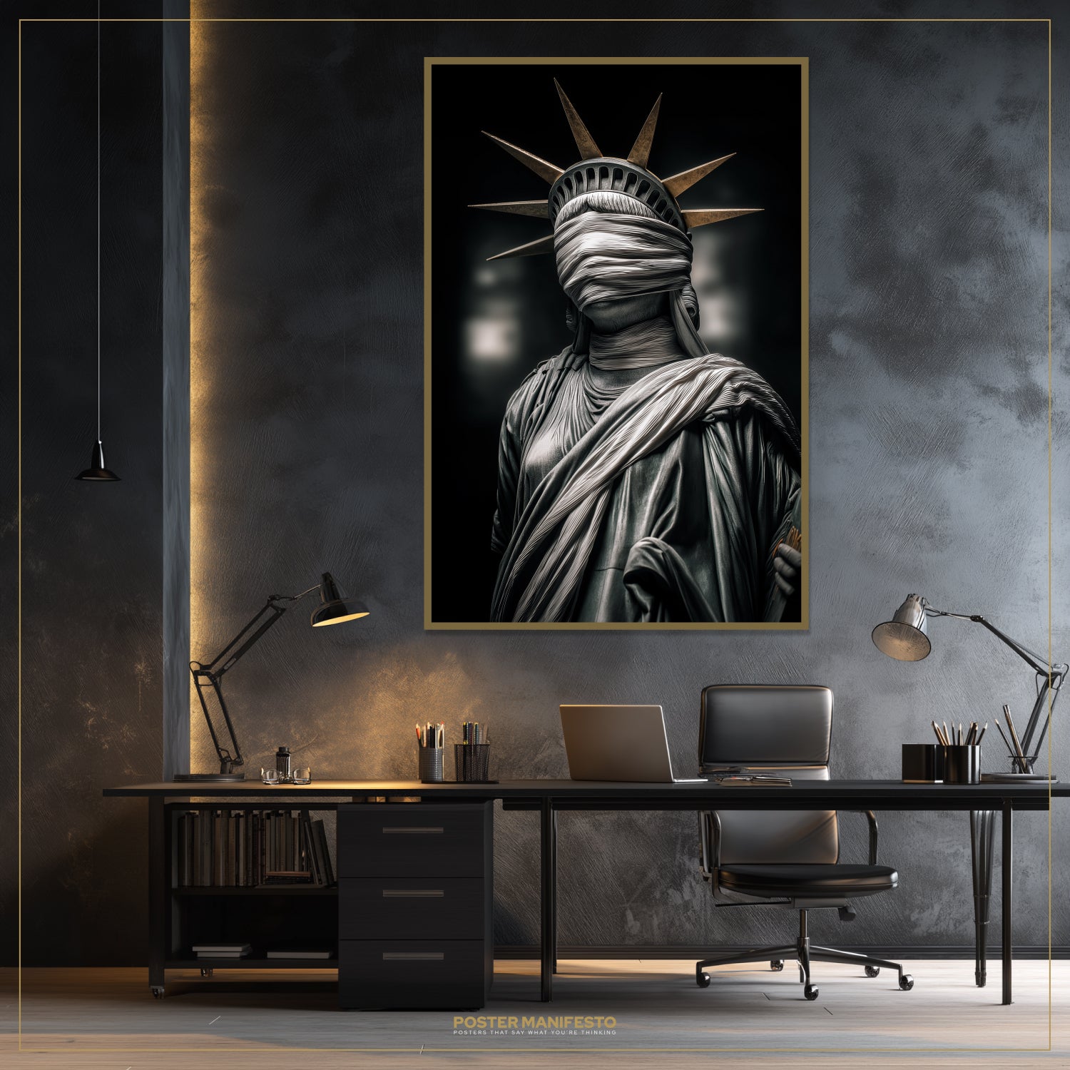 Modern office setup with a framed artwork of the Statue of Liberty wearing a blindfold on a textured wall.