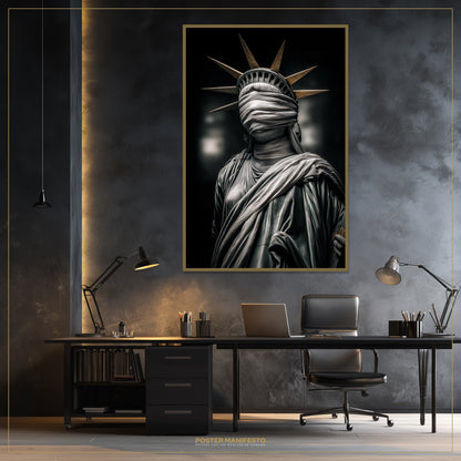 Modern office setup with a framed artwork of the Statue of Liberty wearing a blindfold on a textured wall.