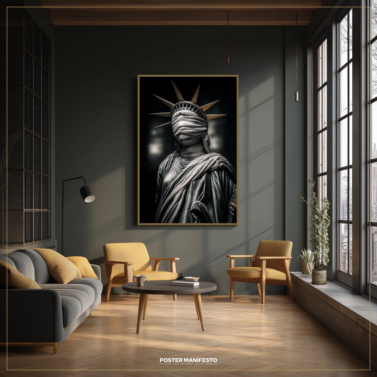 Modern living room with a framed artwork of a blindfolded statue on the wall.