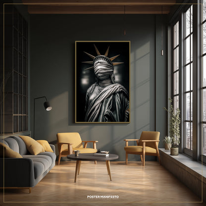 Modern living room with a framed artwork of a blindfolded statue on the wall.
