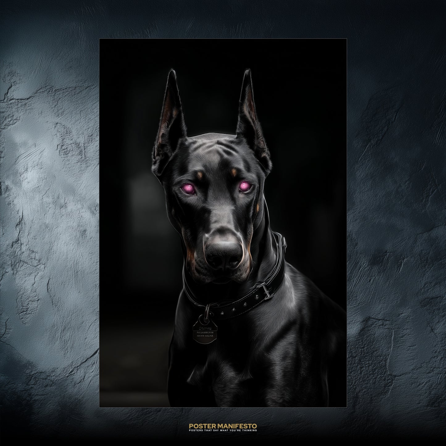Hyper-realistic cyberpunk Doberman with sleek chrome-like fur and glowing violet eyes against a dark futuristic backdrop.