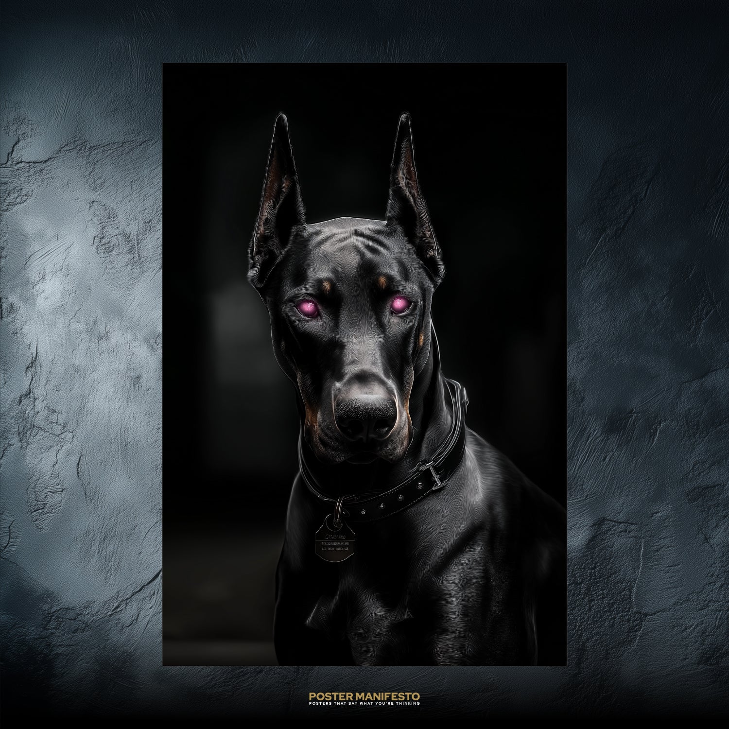 Hyper-realistic cyberpunk Doberman with sleek chrome-like fur and glowing violet eyes against a dark futuristic backdrop.