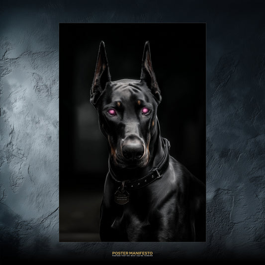 Hyper-realistic cyberpunk Doberman with sleek chrome-like fur and glowing violet eyes against a dark futuristic backdrop.