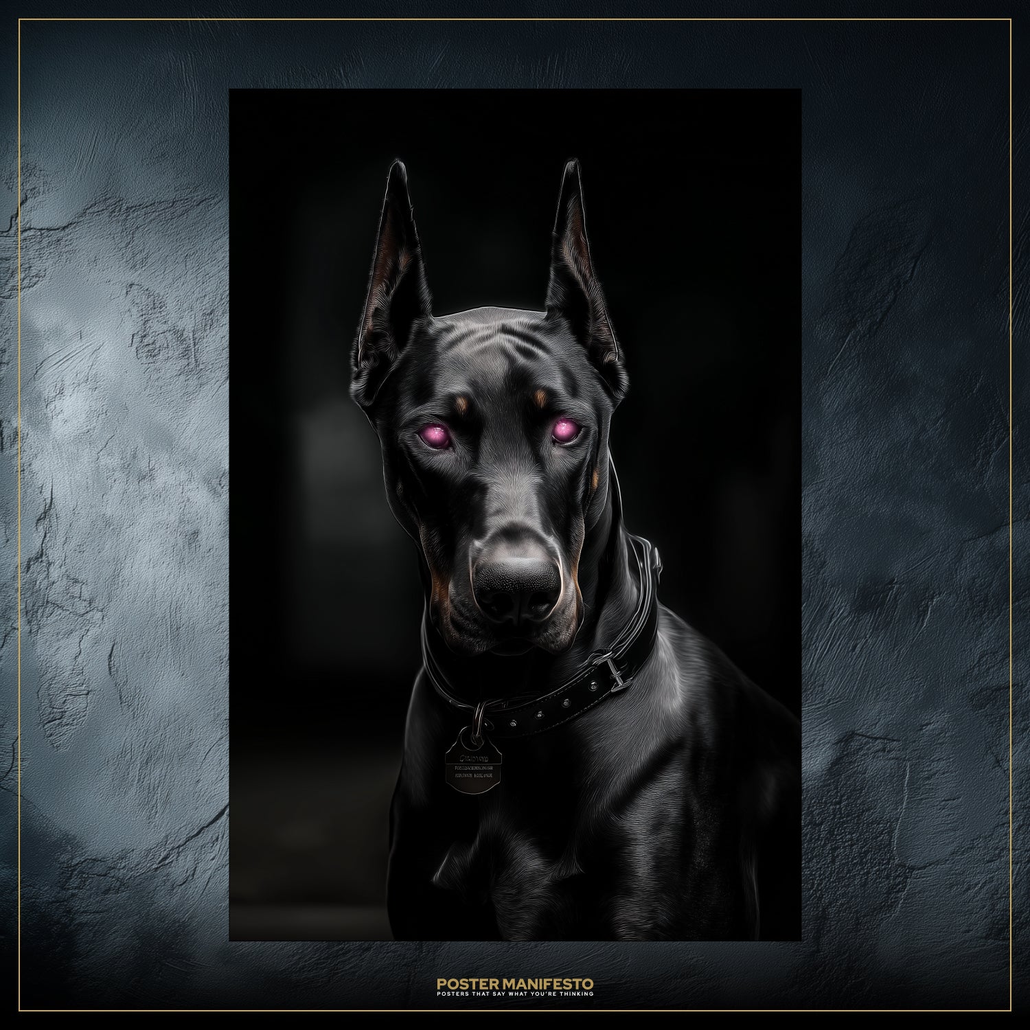 Futuristic Doberman wall art featuring a metallic-styled dog portrait, blending realism and cyberpunk neon-inspired aesthetics.