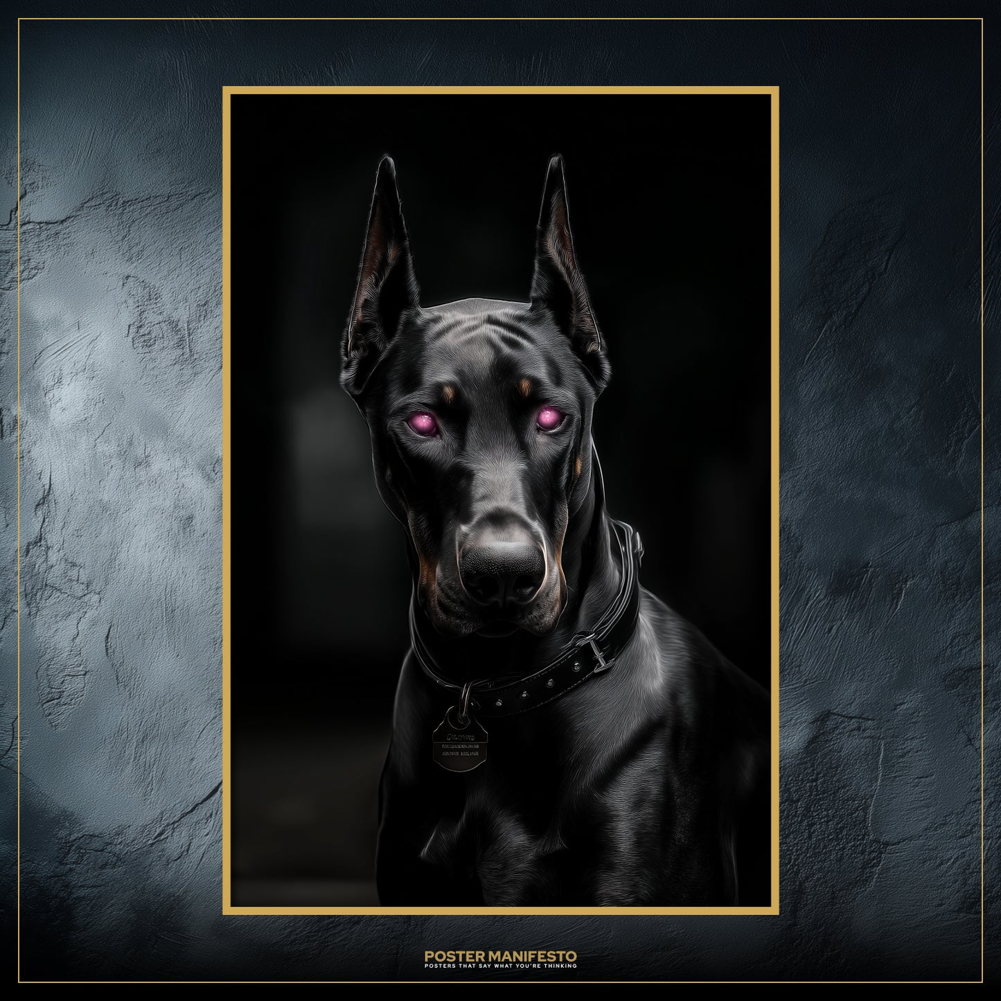Chrome Doberman artwork with glowing purple eyes and high-tech metallic sheen, symbolizing strength and futuristic style.