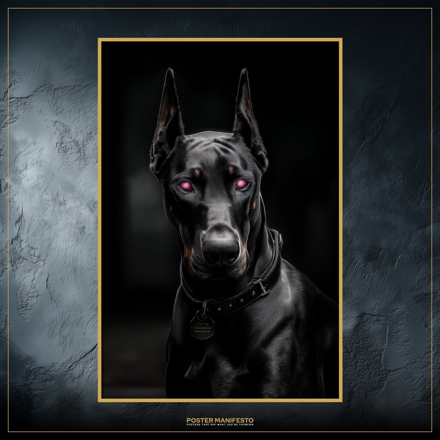 Chrome Doberman artwork with glowing purple eyes and high-tech metallic sheen, symbolizing strength and futuristic style.