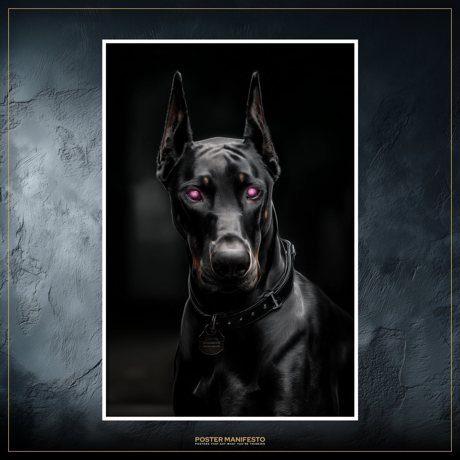 Cyberpunk-inspired animal art poster showing a sleek Doberman rendered in hyper-realism with metallic reflections and neon accents.