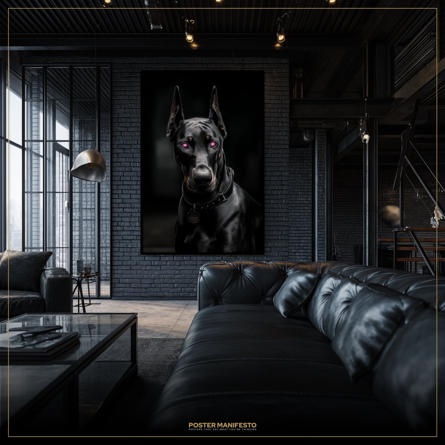 Black dog portrait on a brick wall in a modern living room with leather sofa and glass coffee table.