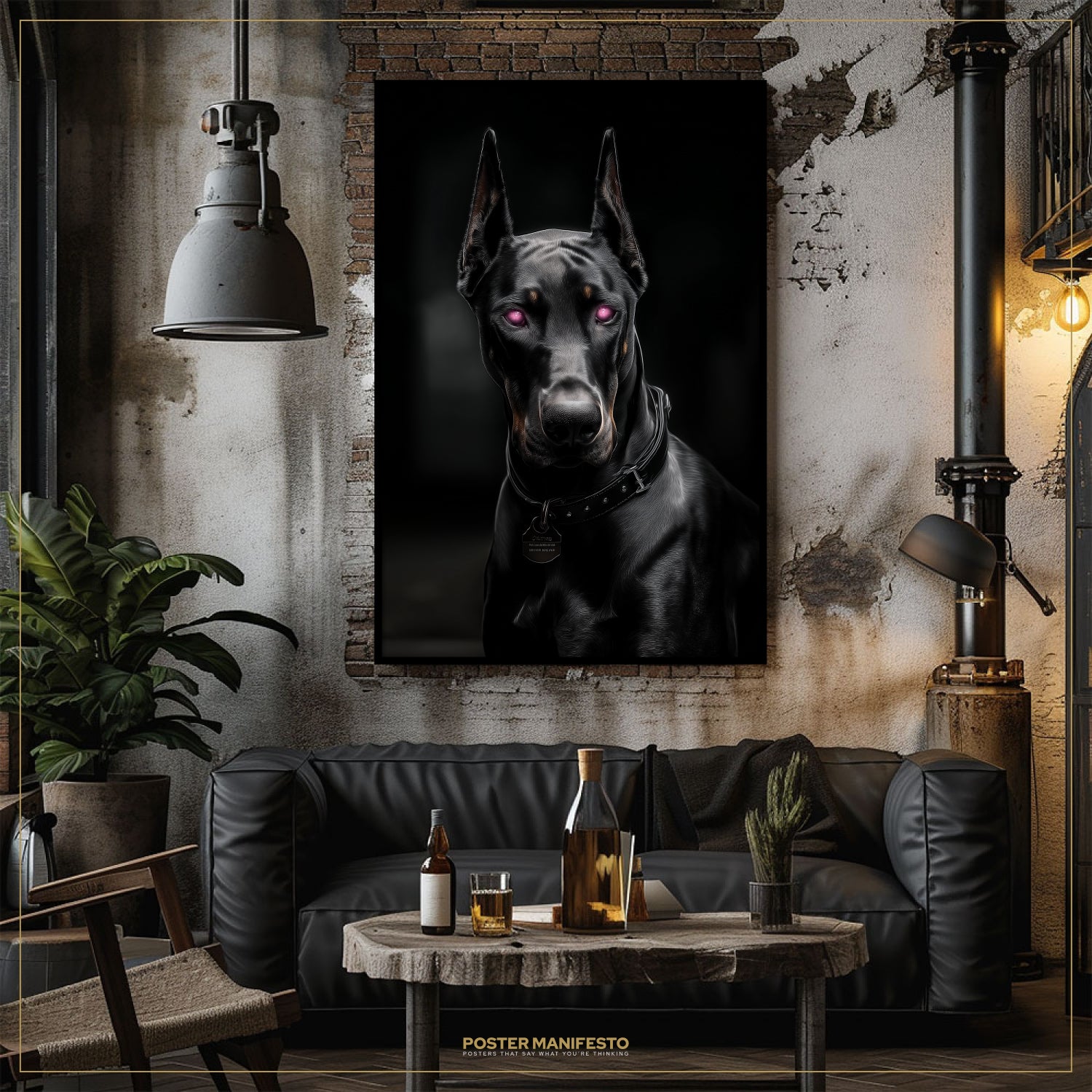 Living room with a large framed portrait of a dog on the wall, a black sofa, and a wooden coffee table.