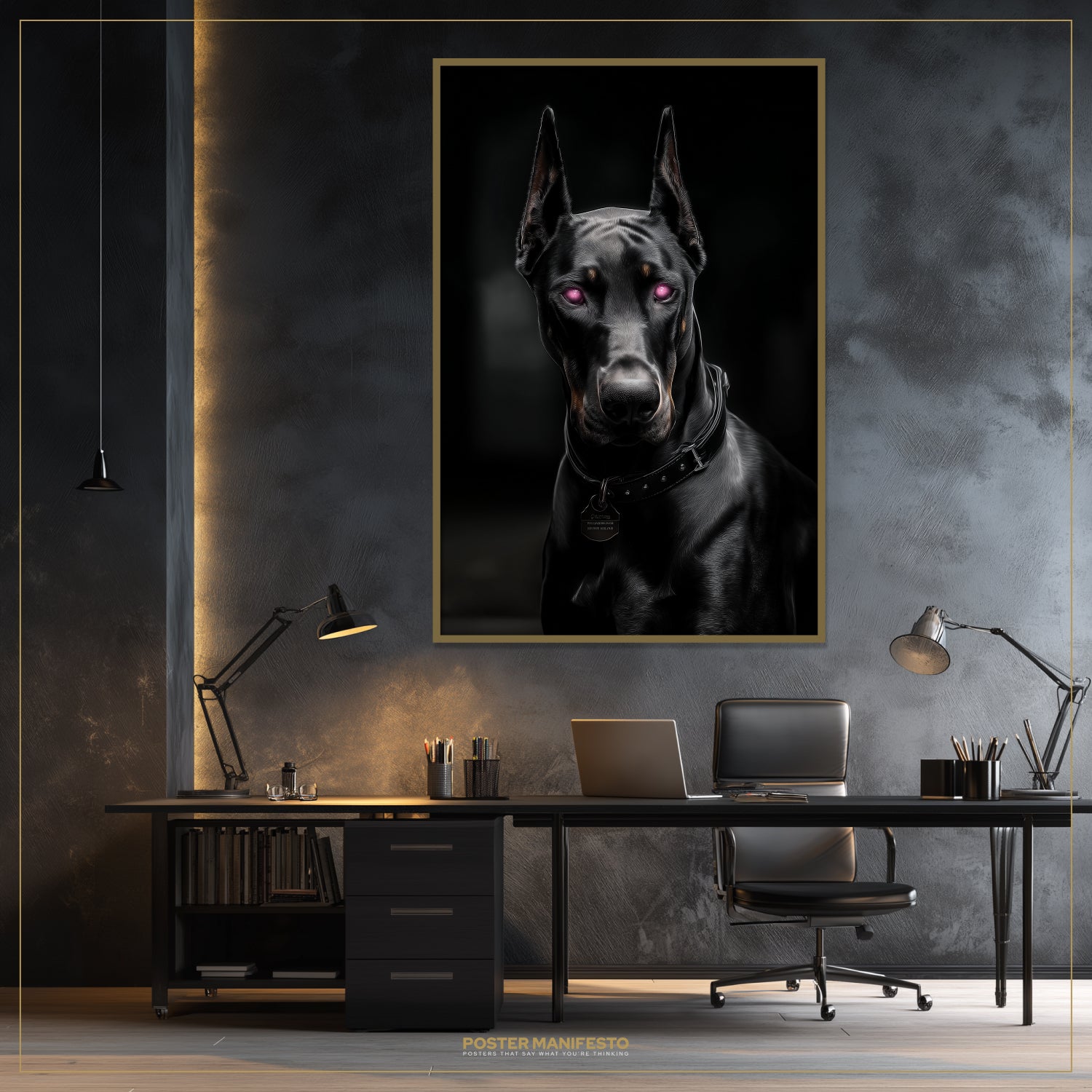 Modern office setup with a large framed portrait of a black dog on a dark wall.